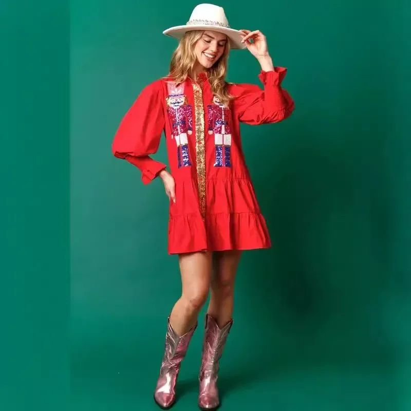 Mulheres lantejoulas natal quebra-nozes camisa vestido de festa de férias vestidos de moletom manga longa em camadas mini vestido de baile novo