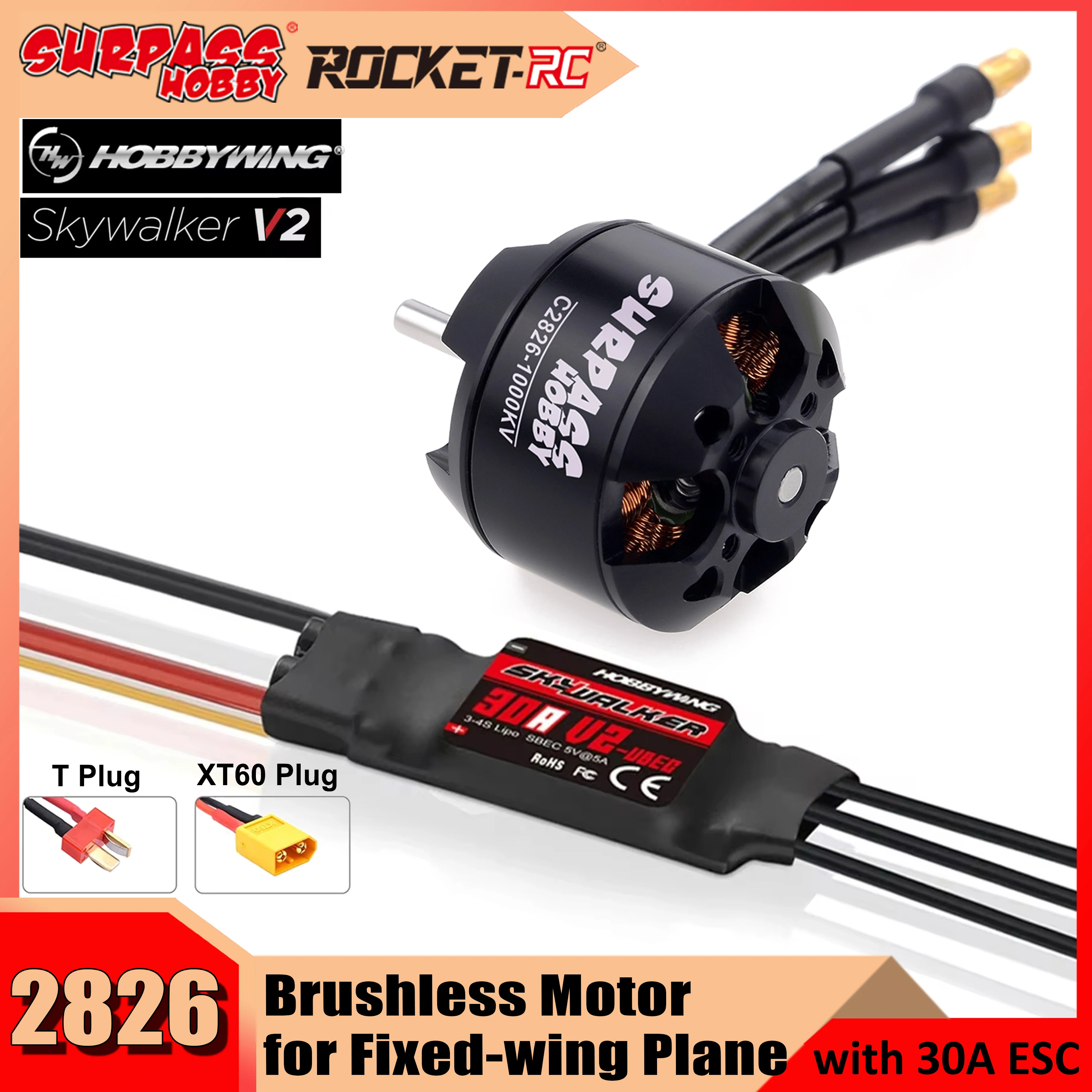 

Surpass Hobby 2208(2826) 2826 Brushless Motor with HobbyWing 30A V2 ESC Combo for RC 100g-350g Fixed-wing Plane Racing Drone