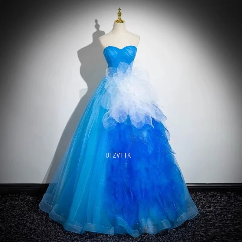 Vestido de fiesta con apliques de lujo azul, vestido de baile para mujer, escote en forma de corazón con cordones en la espalda, largo hasta el suelo brillante, vestidos de noche de fiesta personalizados