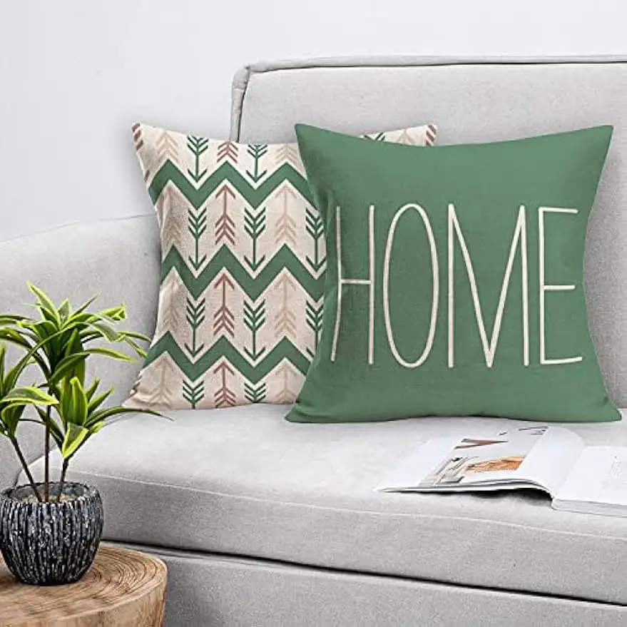 Linen Throw Pillowcase Home Green Geometric Wavy Arrow Design Home Decoration Cushion Cover Square Pillowcase