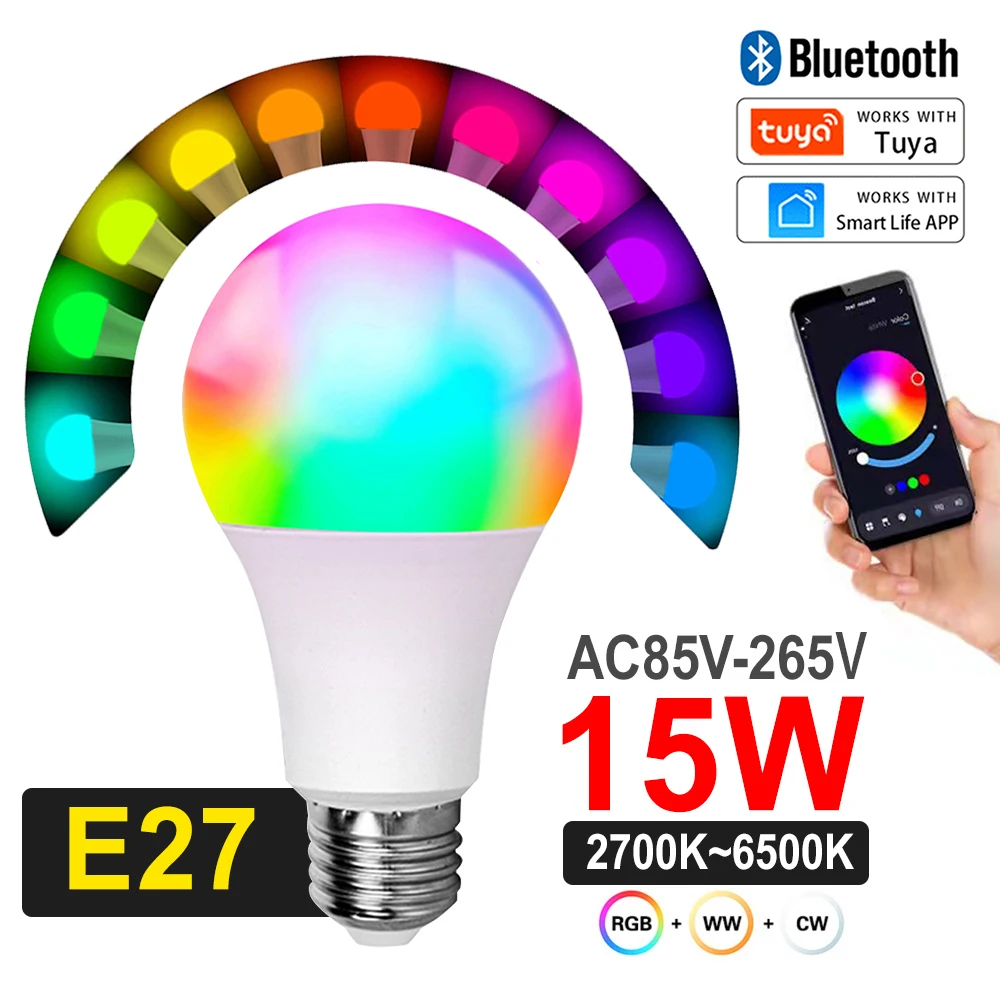 

15W WiFi Smart Light Bulb E27 LED RGB Lamp Work with Alexa/Google with Tuya App Home AC85-265V Dimmable Color Change Lamp