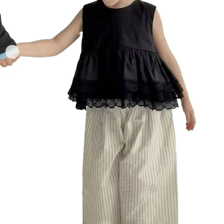Girls' Set Fashion Doll Shirt Sleeveless Lace Black Vest+ striped Pants Mosquito Proof Pants Summer Girls' Clothing Sets image 5
