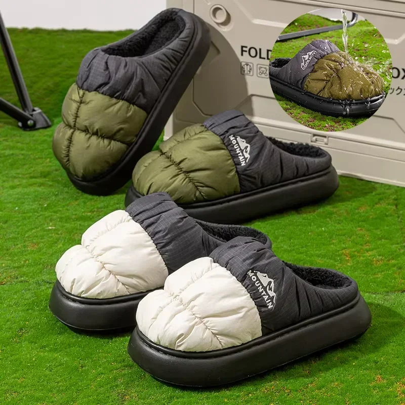 Thick Sole Down Waterproof Women Slippers Fashion Mix Color Non Slip Cotton Shoes Woman Comfy Outdoor Plush Warm Slippers