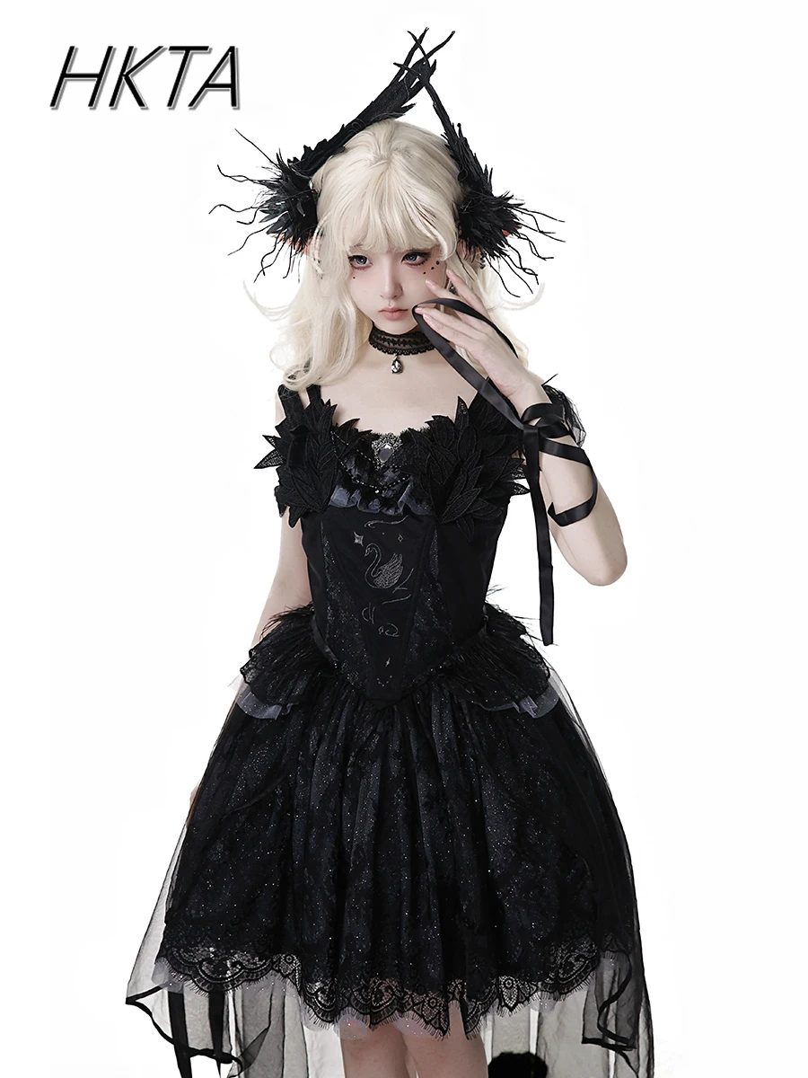 Sukienki Lolita z koronką, siateczką, szwami, na ramiączkach, damskie, w stylu dark, subkultura, letnie, wyszczuplające w talii, czarne, krótkie sukienki dla kobiet.