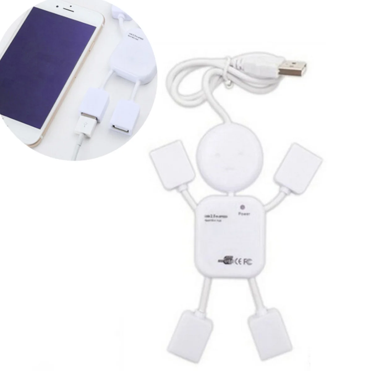 Hub USB de 4 puertos 2.0 Transferencia de datos de alta velocidad Compacto Ligero Forma de personas Plug and Play para PC Notebook Blanco