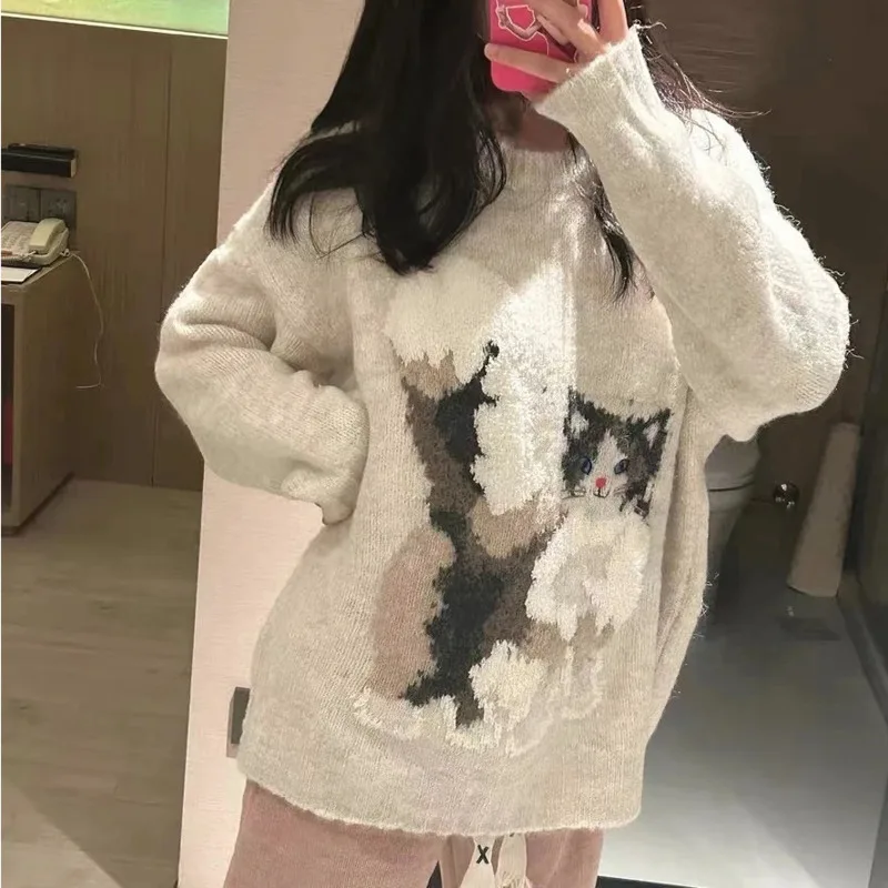 Cute Cat Sweater Men Women Autumn Winter Kawaii Animal Graphic Oversize Knitted Top Y2k Girls Harajuku Outerwears Female Clothes