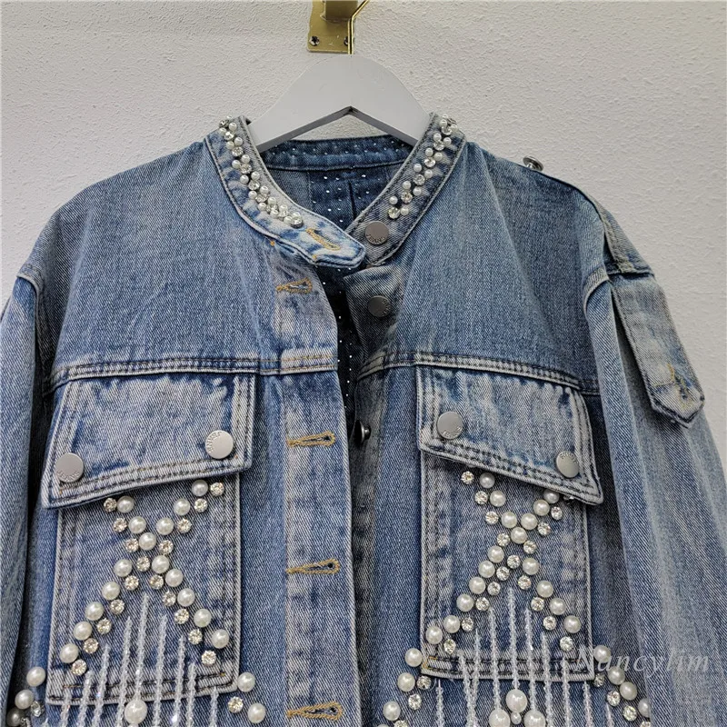 European Style Pearl Studded Diamond Tassel Denim Jacket for Women 2024 New Autumn Design with Hollowed Out Back Denim Top Coat