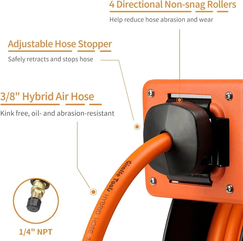 Carrete de manguera retráctil para compresor de aire TA15, manguera híbrida giratoria de 3/8 "x 50 pies, carrete Industrial de alta resistencia montado en techo/pared, 300psi