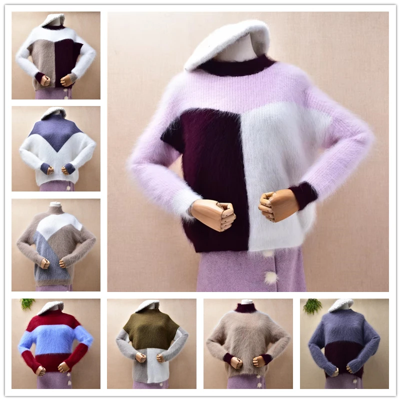 

Women Mujer Autumn Winter Clothing Fashion Colored Pink Hairy Mink Cashmere Knitted Crop Top Loose Pullover Sweater Jumper Pull