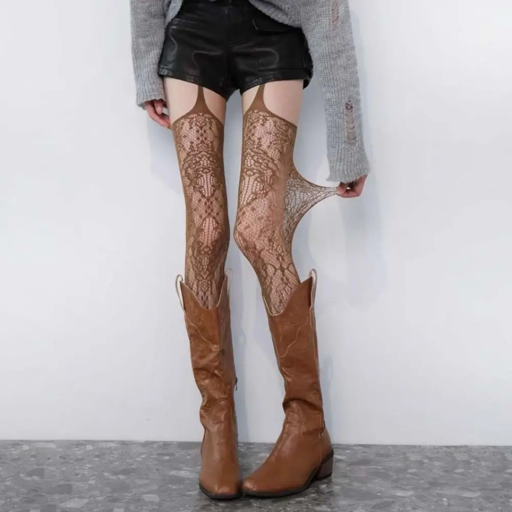 شاش شفاف زهرة الجوارب الطويلة رقيقة جدا غير النظامية شبكة جوارب طويلة الجوف لوليتا JK نمط الدانتيل الحمالات جوارب فتاة #3