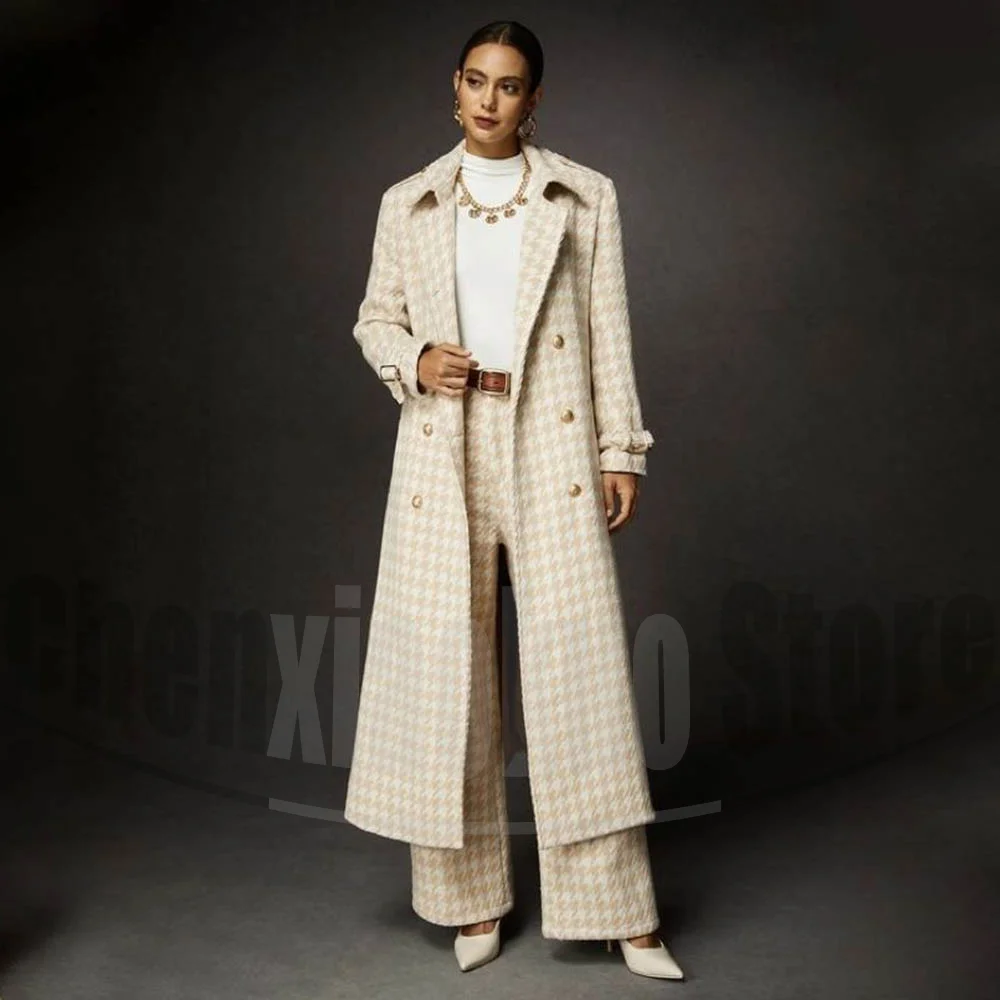 Women Houndstooth 2 Piece Suit Set Long Double Breasted Coat Wide Leg Pants Stylish Formal Party Office Daily Casual Outfit