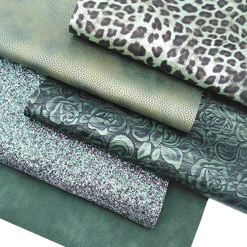 Dark Green Faux Leather Sheets leopard Printed Faux  Fabric Flowers Embossed Synthetic Vinyl Suede Fabric For DIY 21x29CM Y297