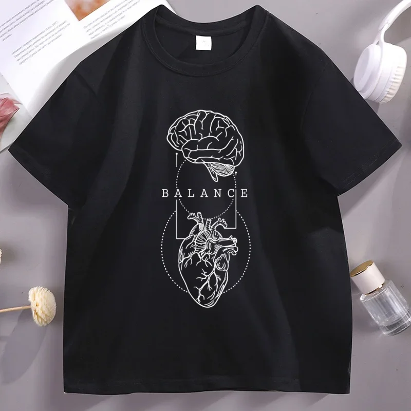 Balance Brain and Heart T-Shirt Mental Health Tshirt Casual Round Neck PrinteShort Sleeve T Shirt Fashion Loose