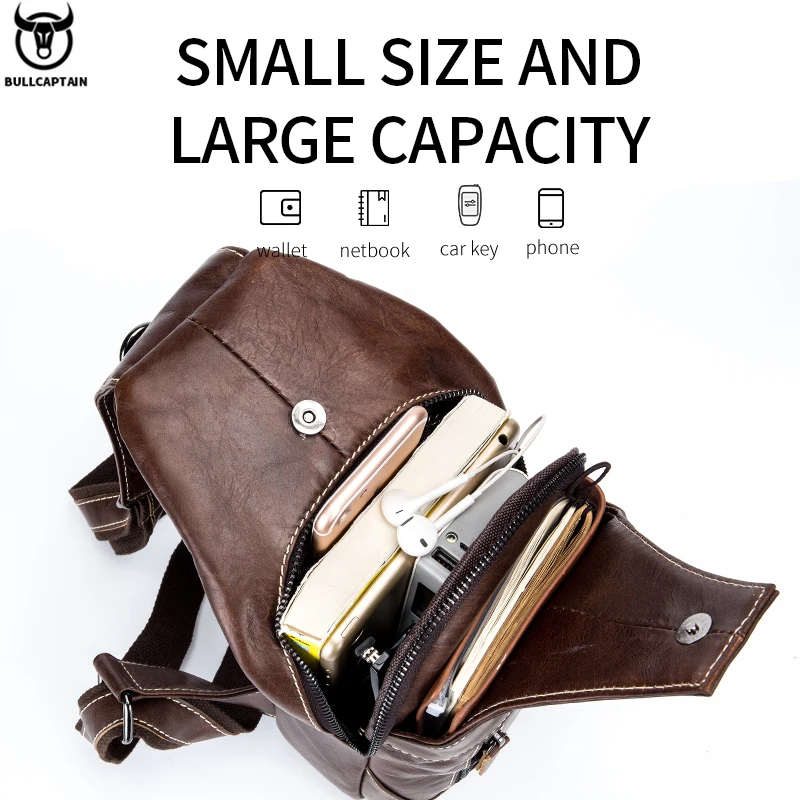 BULLCAPTAIN-Bolso de pecho de cuero genuino para hombre, bandolera triangular informal, mochila de hombro de viaje, bolso multifuncional de cuero