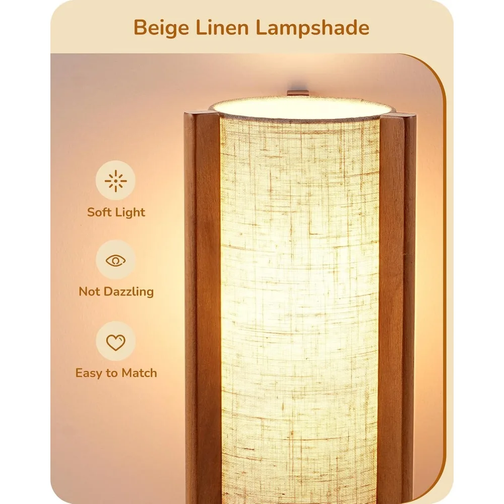 13.5" Small Table Lamp with Walnut Wood and Beige Linen Shade for Modern Bedside Lighting view 3