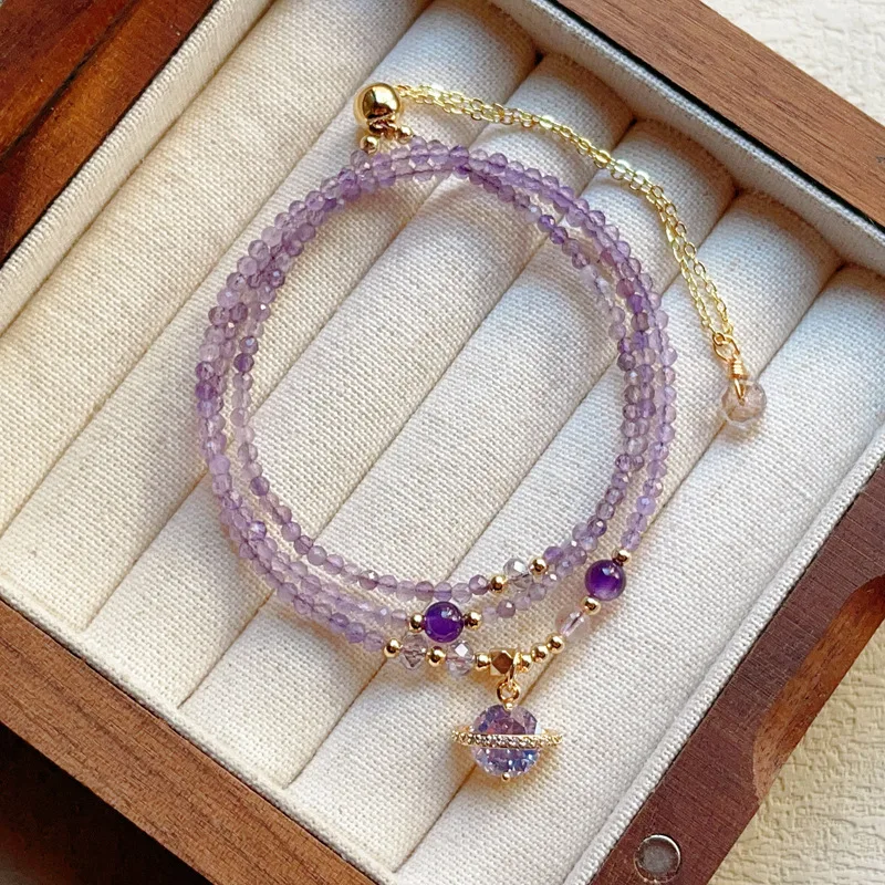 

Natural Cut Amethyst Crystal Planet Pendant Original Three Loop Bracelet Convertible Necklace Dual Use Lucky Fortune Blessing