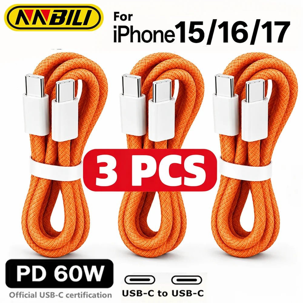 NNBILI 3pcs 60W Nylon Braided USB type C to USB C Fast Charger Cable For iPhone 17 16 Compatibility Samsung Type C Fast Charging
