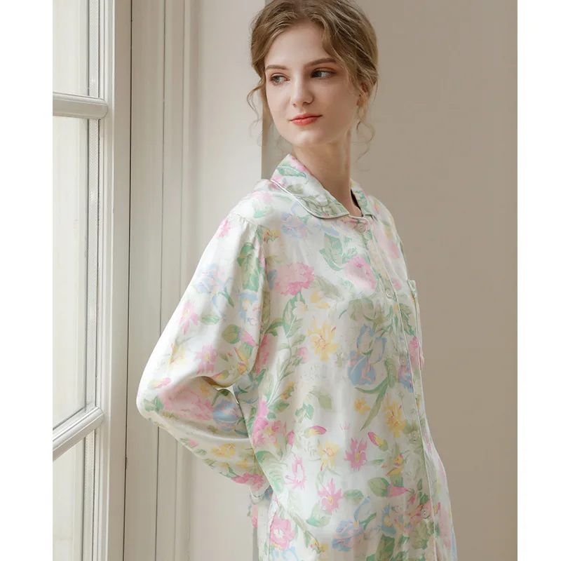 Autumn 2022 Satin Vanilla Mint Long Sleeve Printed Pajama Two-piece Set Floral Viscose Pajamas for Women Pijama Mujer 2 Piece