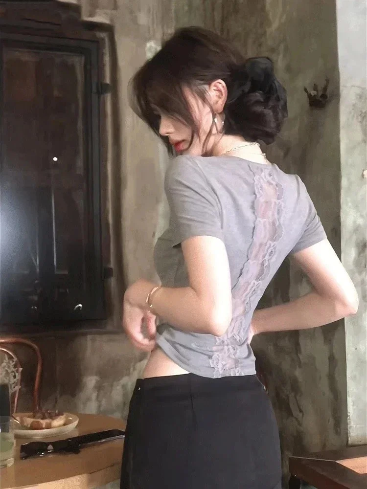 925, сексуальные кружевные лоскутные укороченные топы Harajuku Fairy Grunge, серая одежда, уличная одежда, женская эстетичная облегающая винтажная футболка Y2k