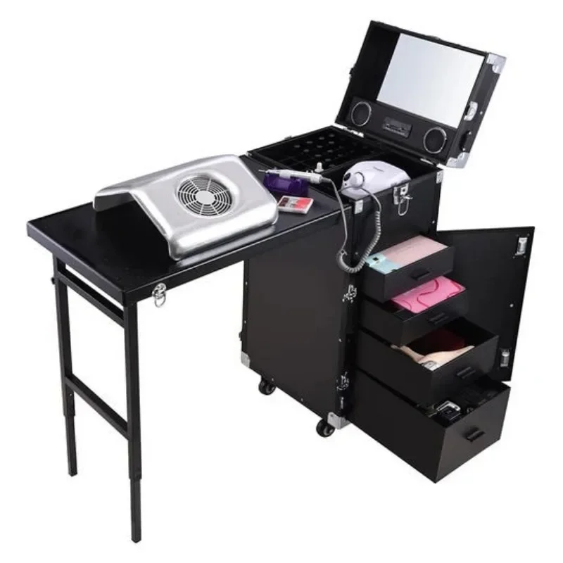 Nail Tech Tables Manicure, Workstation cosmética, Folding Rolling caso portátil, preto