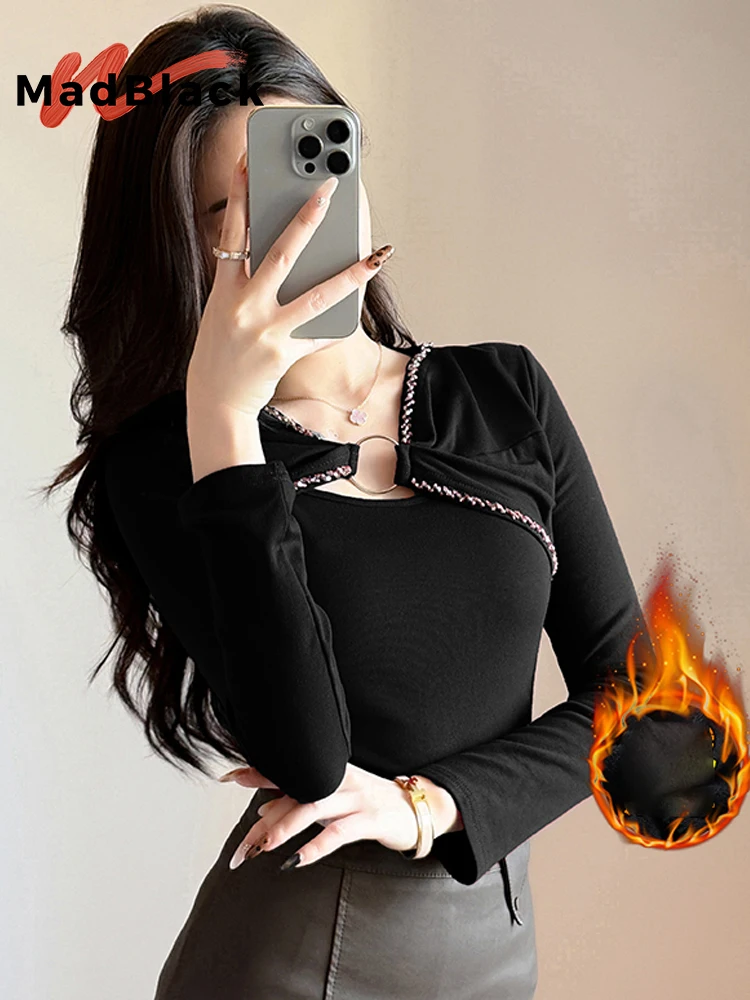 

MadBlack-Women European Fleece T-Shirt, Sexy V Neck Beading, Clubwear Long Sleeve Slim S-3XL Irregular Tee, 2025 Winter T5D612CC