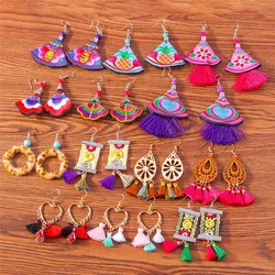 Pendientes étnicos bohemios con borlas para mujer, aretes con flecos de seda y algodón coloridos Retro, accesorios de joyería para fiesta y boda