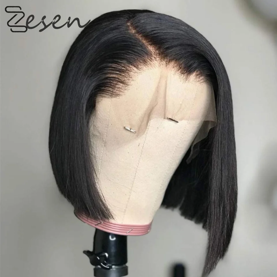 Short Straight Bob 4x4 Silk Top Lace Front Wig For Black Women With Baby Hair Heat Resistant Fiber Synthetic Wig 13X4 Frontal Wi