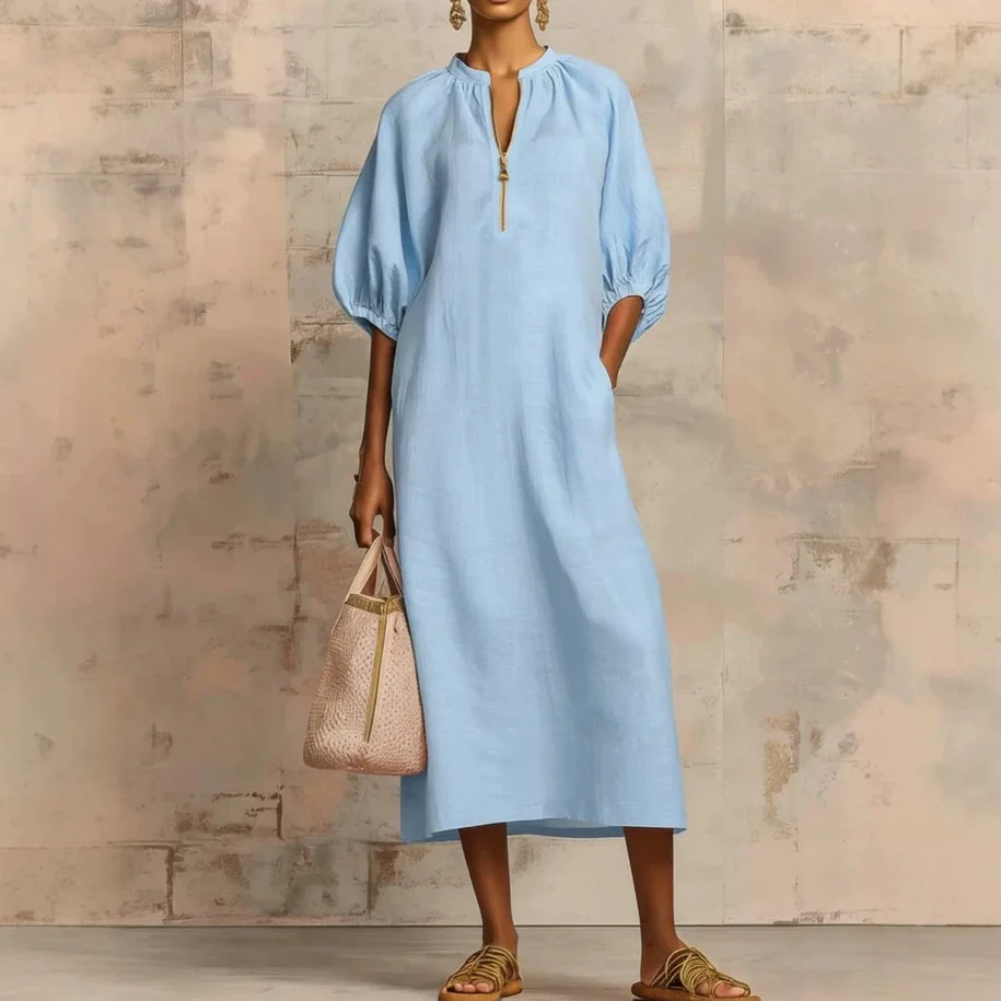 

Spring And Summer Women's Solid Color Loose Casual Round-neck Zippered Puff-sleeve Dress