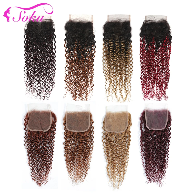 Brazilian Kinky Curly Remy Human Hair 4x4 Lace Closure Colored 27 30 33 99J Free And Middle Part Lace Closure Swiss Lace SOKU