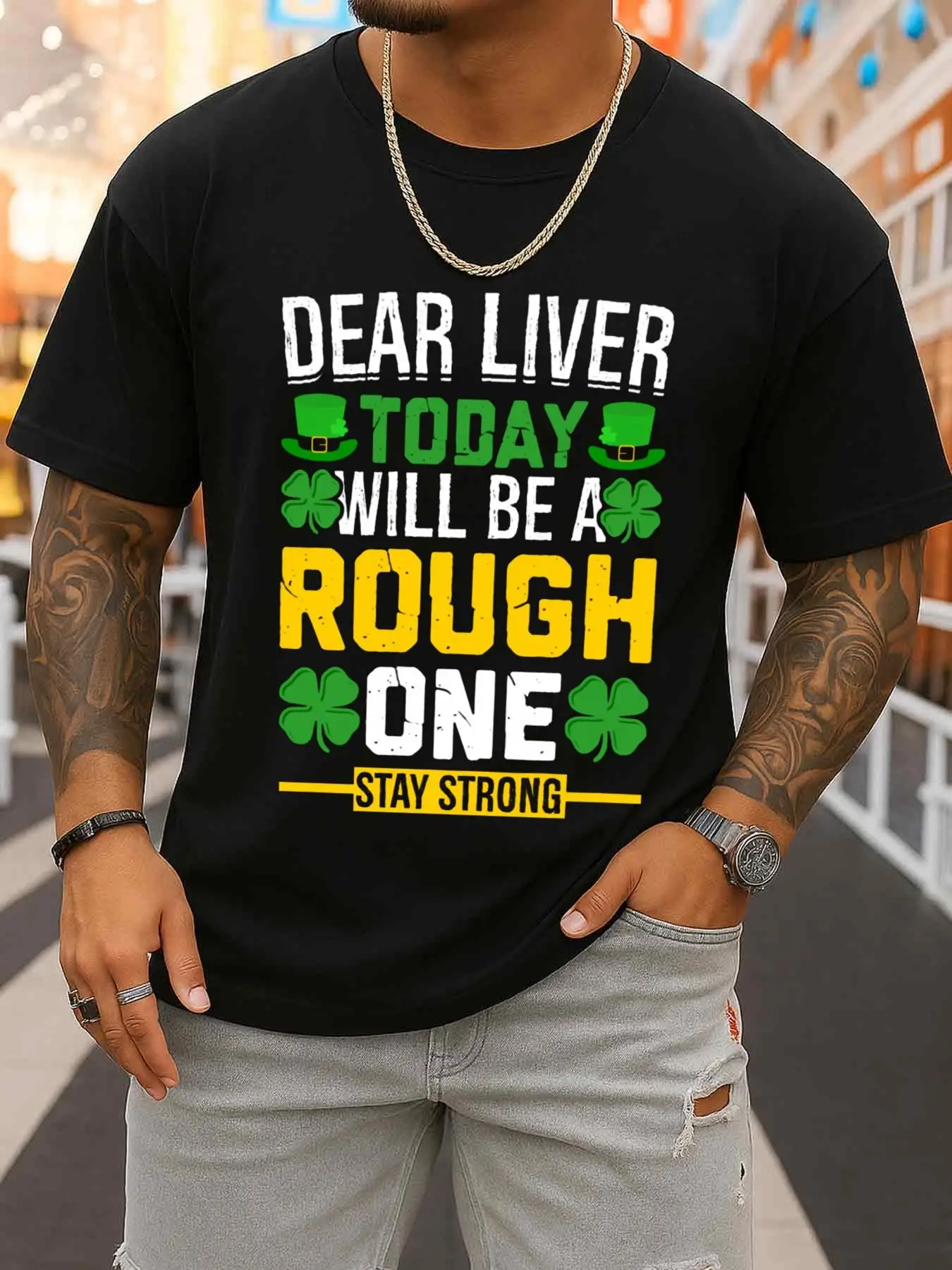 St. Patrick's Day Liver Warning Men's T-Shirt - Fun Black T-Shirt, Comfortable Sportswear, Perfect for Gifts, for Everyday and Weekend Wear, Suitable for Outdoor Wear in Spring and Autumn, Casual Crew Neck Style, Slightly Stretchy Fabric, Regular Fit, Short Sleeves - Greenink