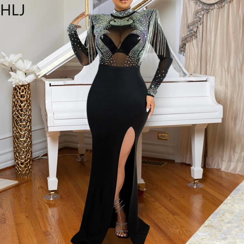 

HLJ Fashion Luxury Rhinestones Mesh See Though Evening Party Long Dress Women O Neck Long Sleeve Tassel Bodycon Slit Vestidos