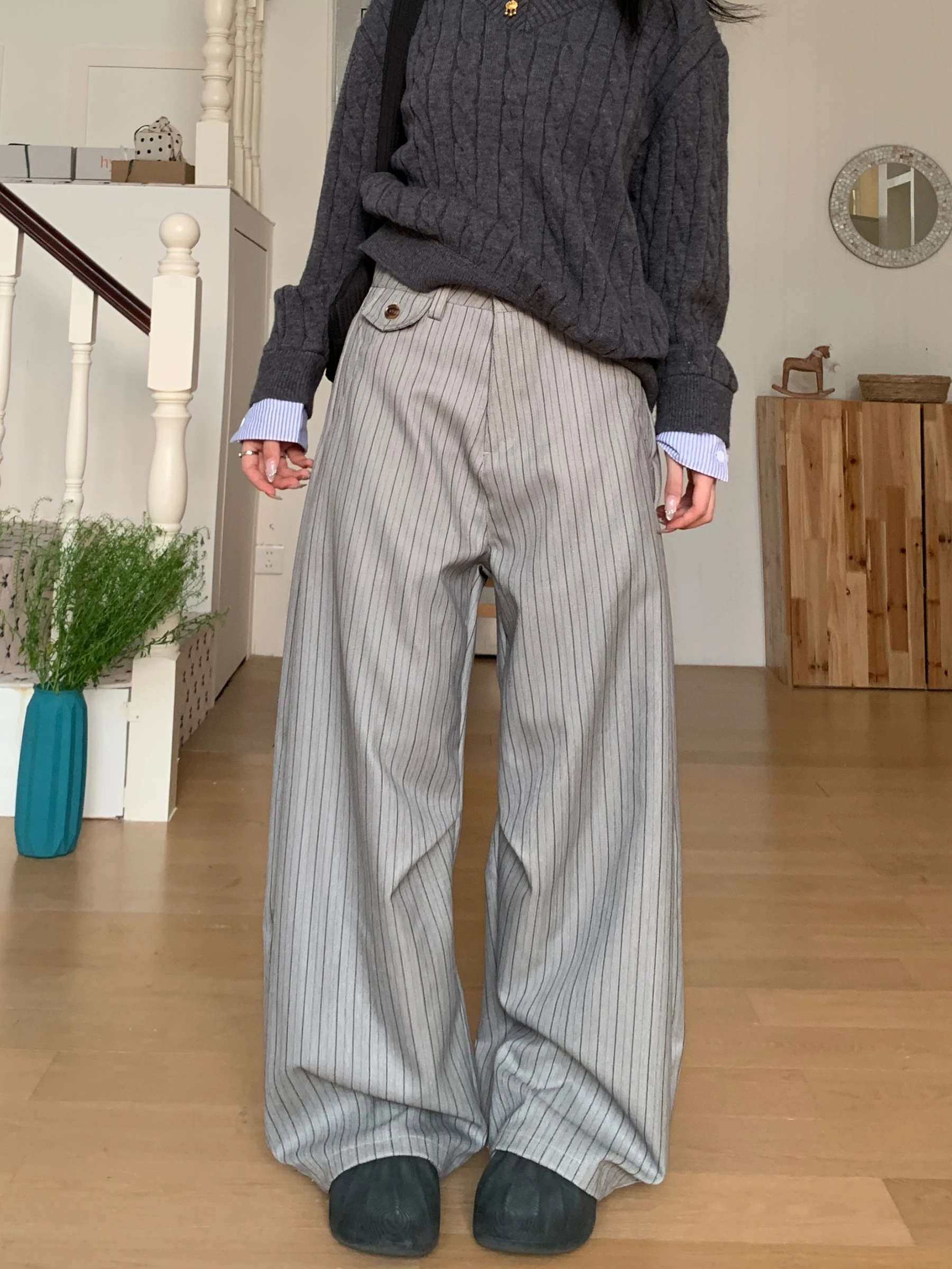 

Брюки Muziyang в американском ретро-стиле с вертикальными полосками, широкие, с высокой талией, повседневные, с пуговицами, в стиле «Ленивый Париж»