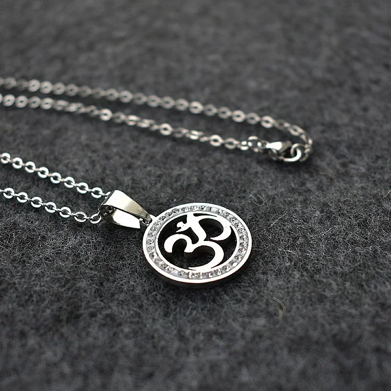 Stainless Steel OM Symbol Pendant Necklace Silver Color Pave CZ Crystal OM Yoga Long Chain Necklace Jewelry for Women Men