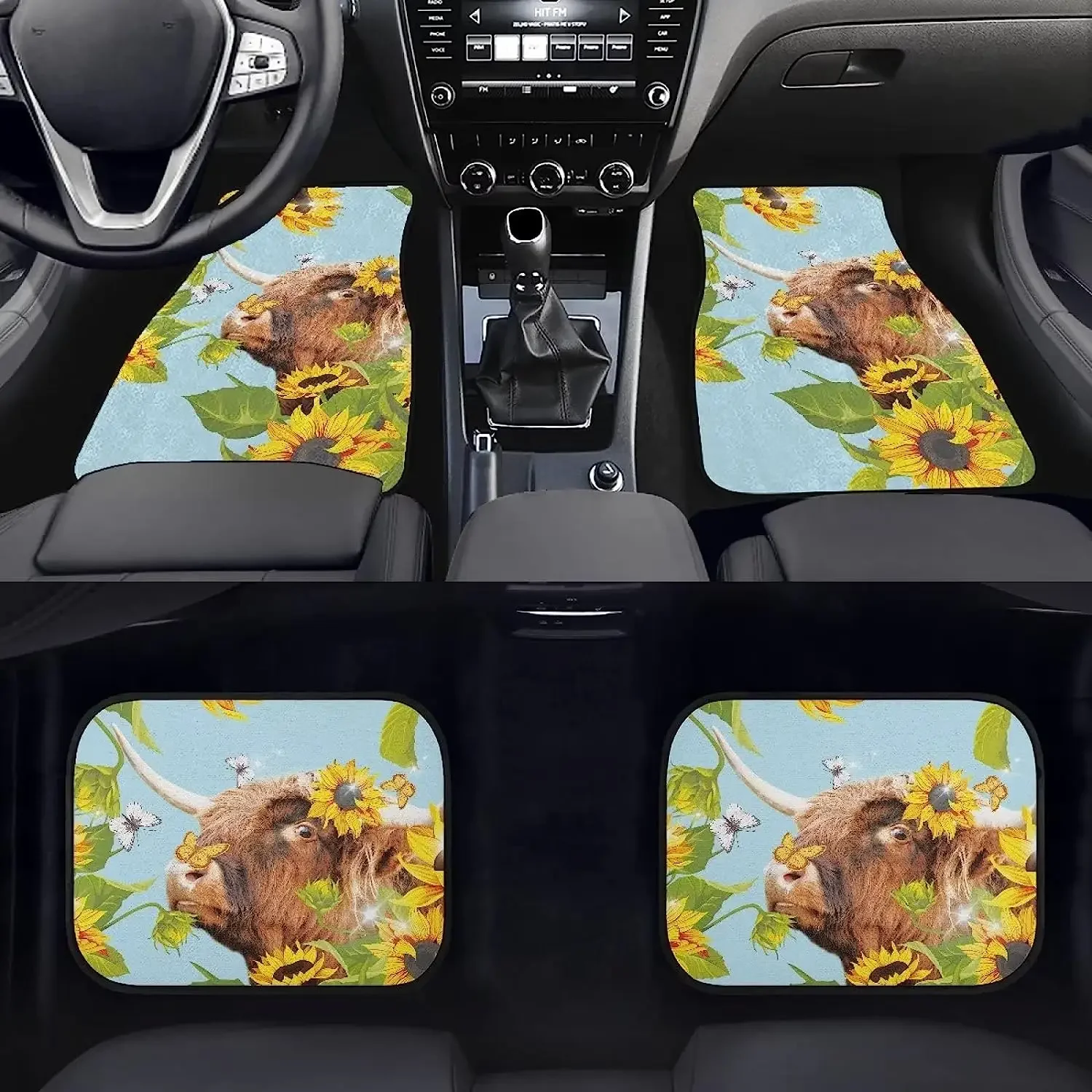 Sunflower Highland Cow Cattle Cute Print 4 Pcs Car Floor Mats Set Front and Rear Carpets Pads Mat Protection Automotive Mats