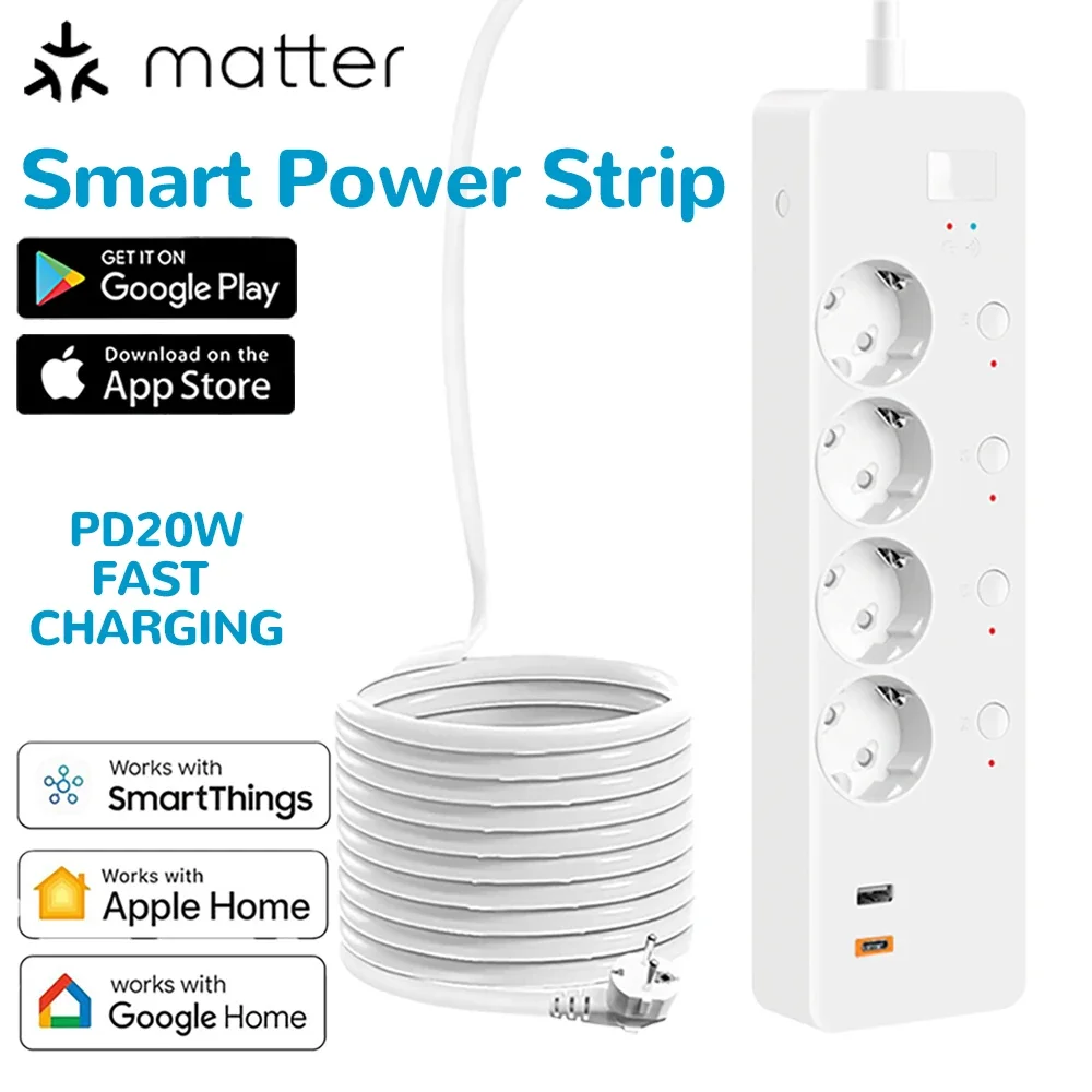 

Умный удлинитель Matter EU поддерживает Google Home HomeKit Siri SmartThings, дистанционное голосовое независимое управление, многопортовая розетка