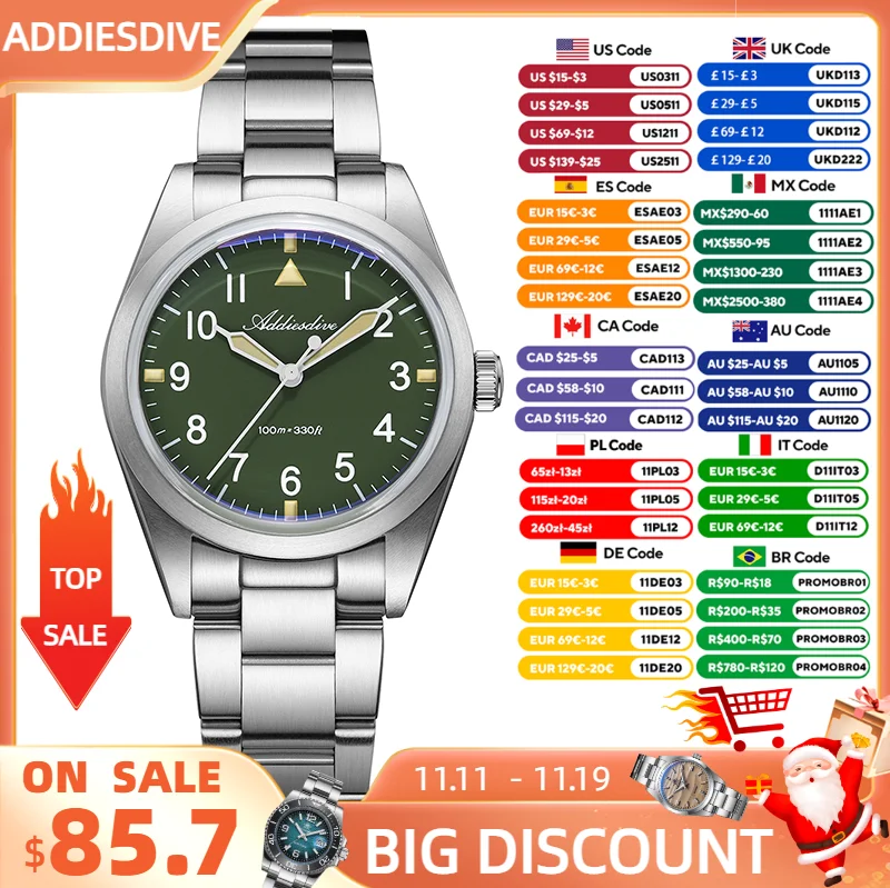 

ADDIESDIVE Титановые часы для мужчин 2025 Новые кварцевые наручные часы 36 мм с куполообразным стеклом 100 м Водонепроницаемые светящиеся часы VH31 для платья AD2502