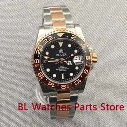 BLIGER 40mm Two-tone Rose Gold Rootbeer NH34 GMT DG3804 Automatic Men Watch Sapphire Glass Ceramic Bezel Stanless Steel Bracelet