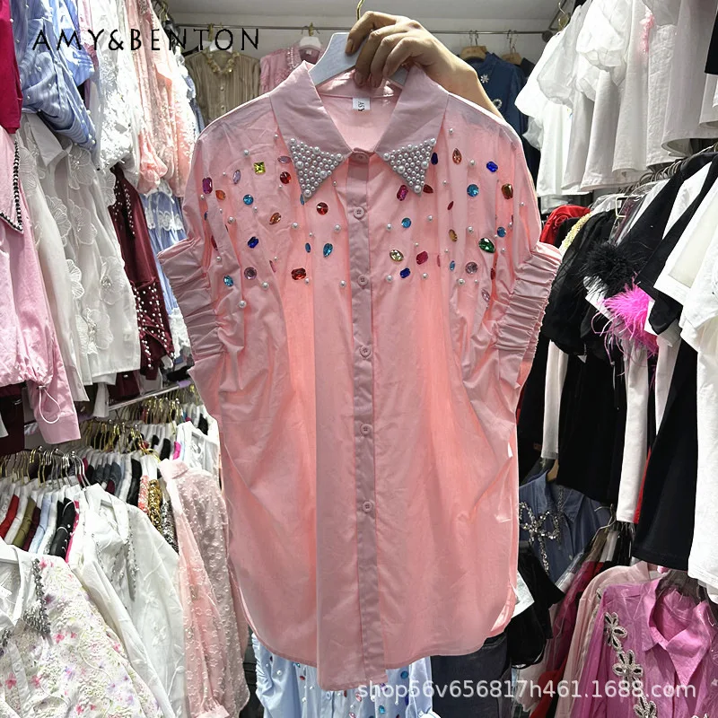 

Short-sleeved Shirt For Women's Summer Loose Fashion Raglan Sleeves Top Heavy Industry Beading Diamond Tops Gentle Style Blusas
