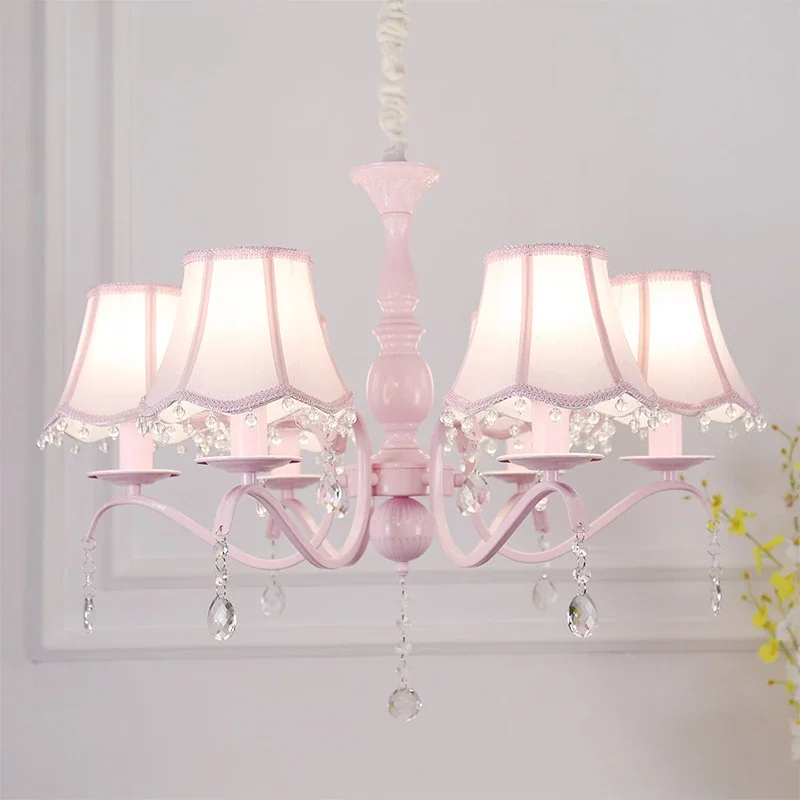 Crystal Pink Chandelier With  Fabric Shade In Princess Bedroom Hanging Chandeliers For Children'S Room Girls/Daughter