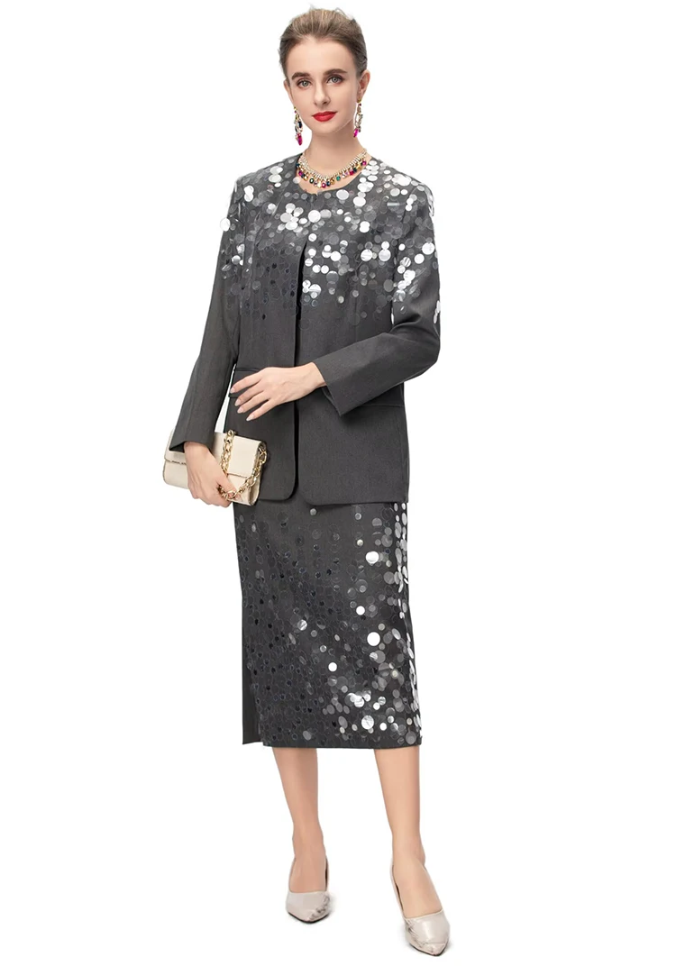 DLDENGHAN Women's O-Neck Long Sleeve Top with Slits Pencil Skirt Sequin 2-Piece Set Office Lady Fashion Autumn Collection