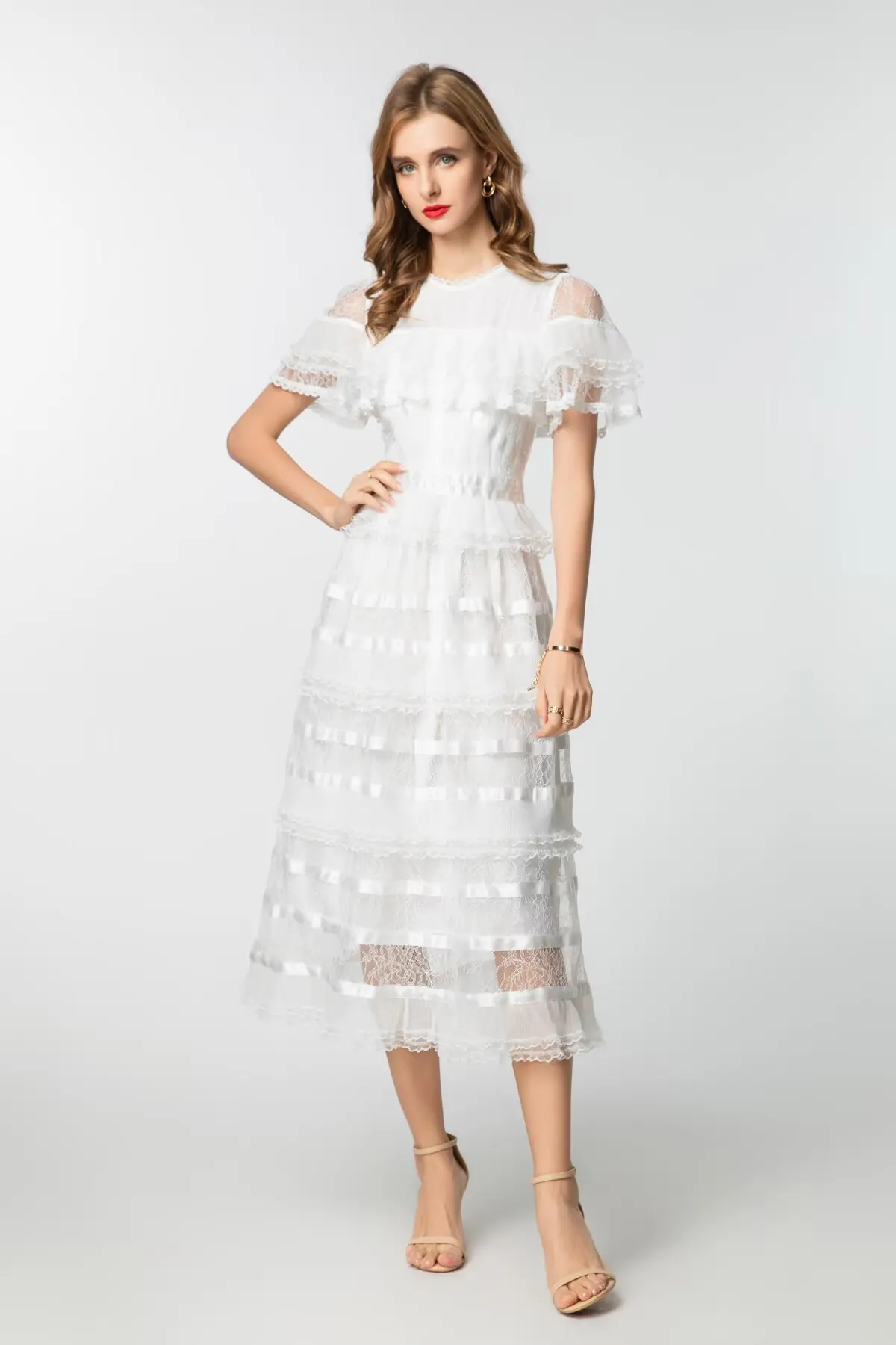 Vestidos femininos o pescoço mangas curtas sexy fora do ombro em camadas rendas elegante designer vestidos