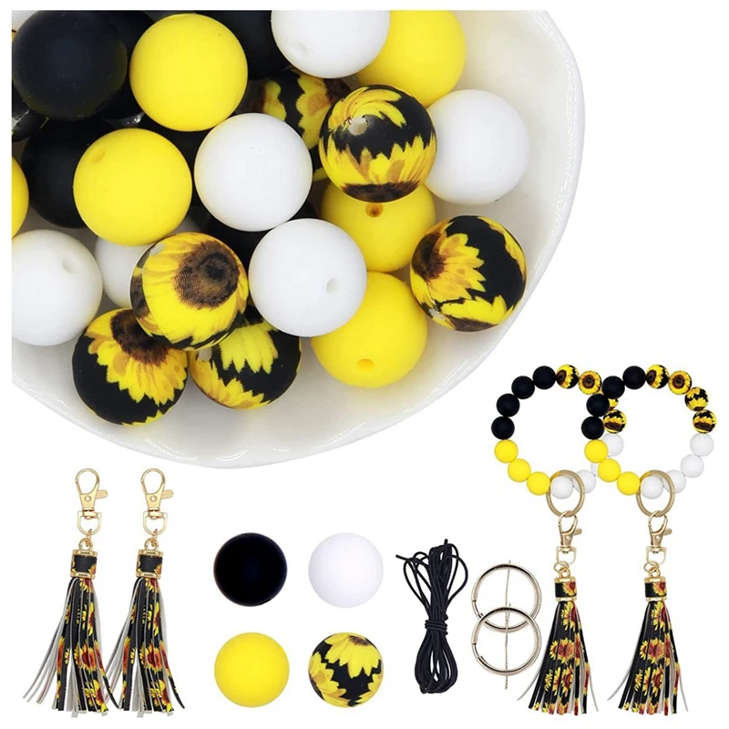 Silicone Beads For Keychain Making, 15Mm Silicone Beads Bulk Sunflower Silicone Beads With Tassel For Keychain Making