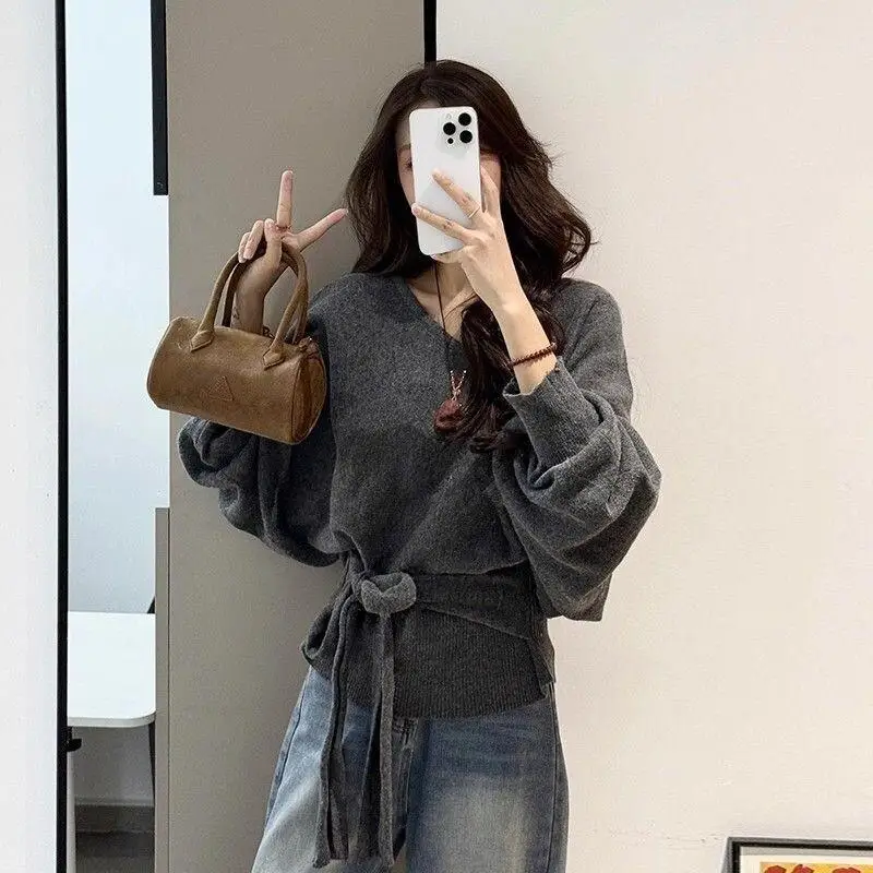

V Neck Knitted Sweater Women Autumn Slim Fit Solid Color Versatile Tops Cute Kawaii Korean Lazy Style Batwing Sleeve Pullover