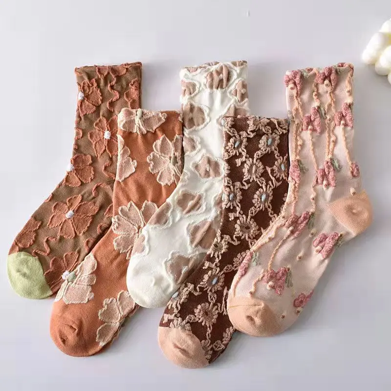 1Pair Fashion Korea Harajuku Woman Floral Orange Socks Vintage Jacquard Ethnic Cotton Casual Cute Girls Dress Brown Sox Spring