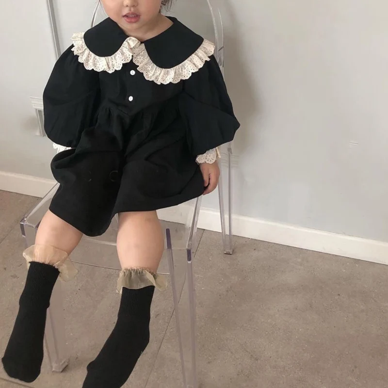 

Spring kids dresses for girls lacework patchwork Korean style cute girls long sleeve turn-down collar party princess dresses