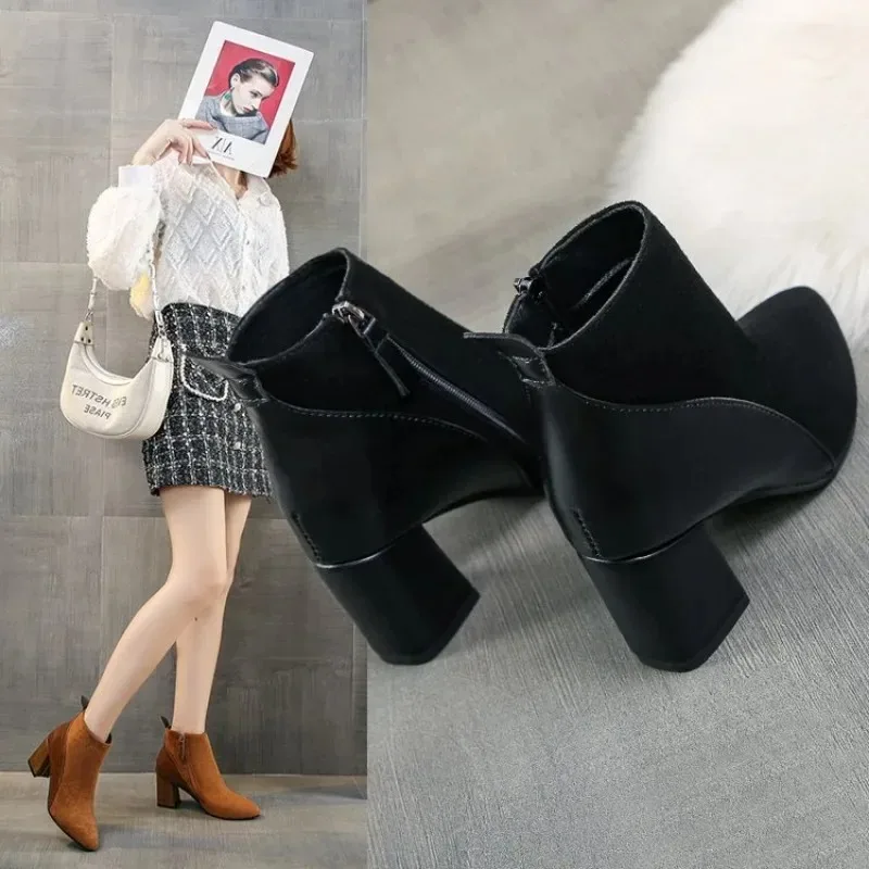 2024 Autumn/Winter Women Ankle Boots Pointed Fashion Short  Suede Panel Side Zipper Thick Heels Women\'s Shoes Large 44