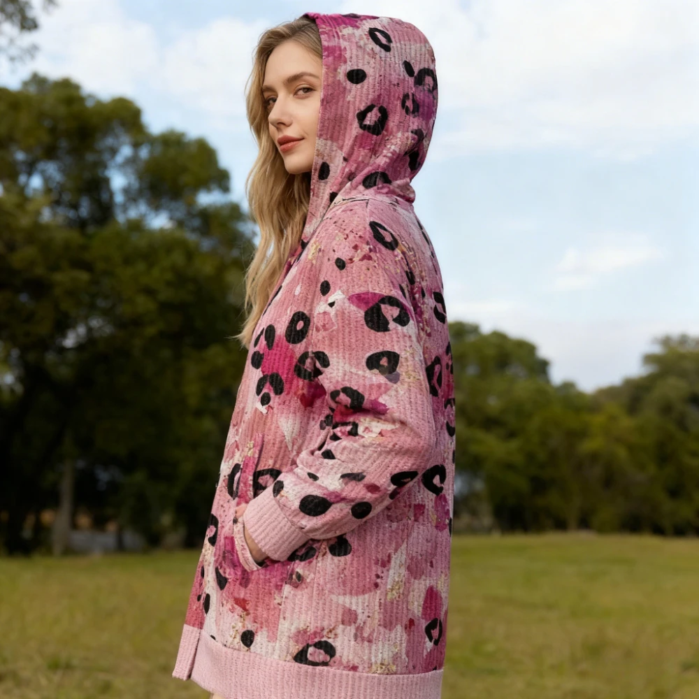 

Women's Hooded Leopard Print Cardigan Button Front Long Sleeve Trendy Coat for Fall Cozy Casual Layering with Pockets Outerwear