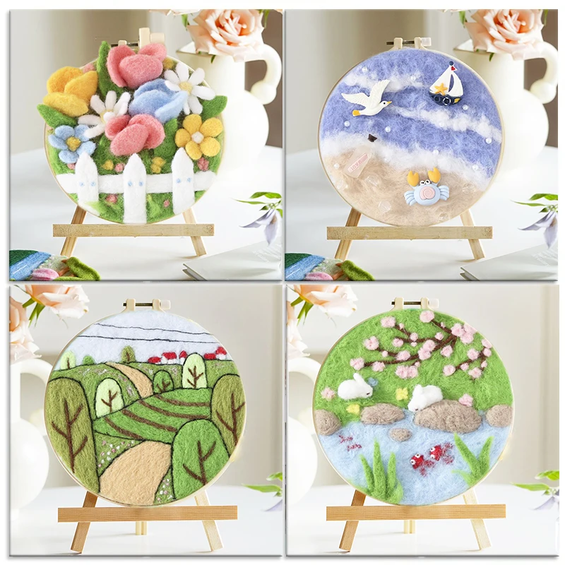 

GATYZTORY DIY Wool Felt Painting With Embroidery Creative Kit Craft Painting Felting Flowers Home Wall Decor Gift 20x20cm