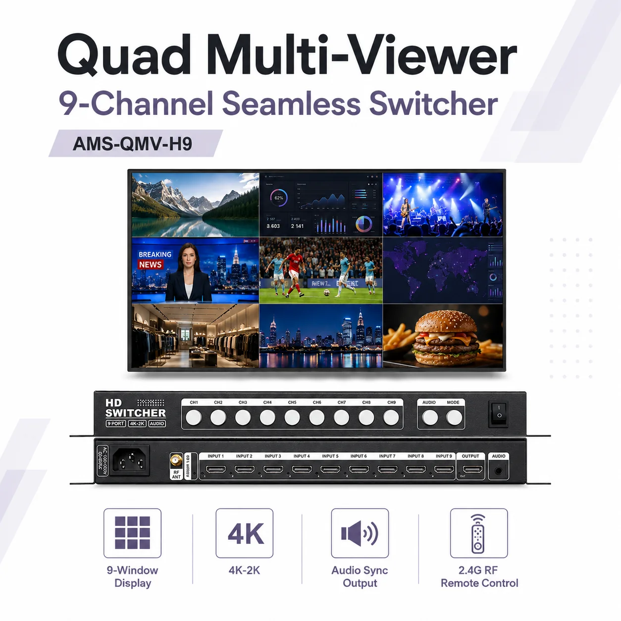 amoonsky-qmv-h4-h9-hd-multi-viewer-seamless-switcher-4x1-9x1-4k30-sortie-audio-av-synchronisation-telecommande-rf