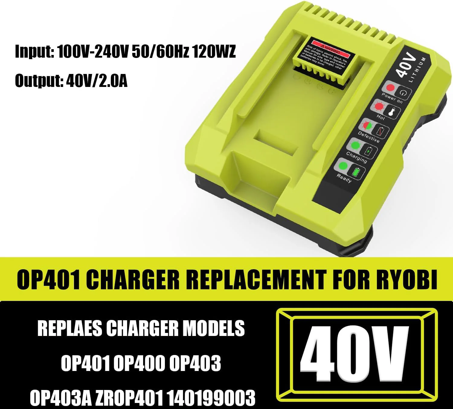 Lithium Battery Charger OP401 For Ryobi 40V OP4015 OP4026 OP4026A OP4030 OP4050A OP4040 OP400A OP403A OP4050 RY40400